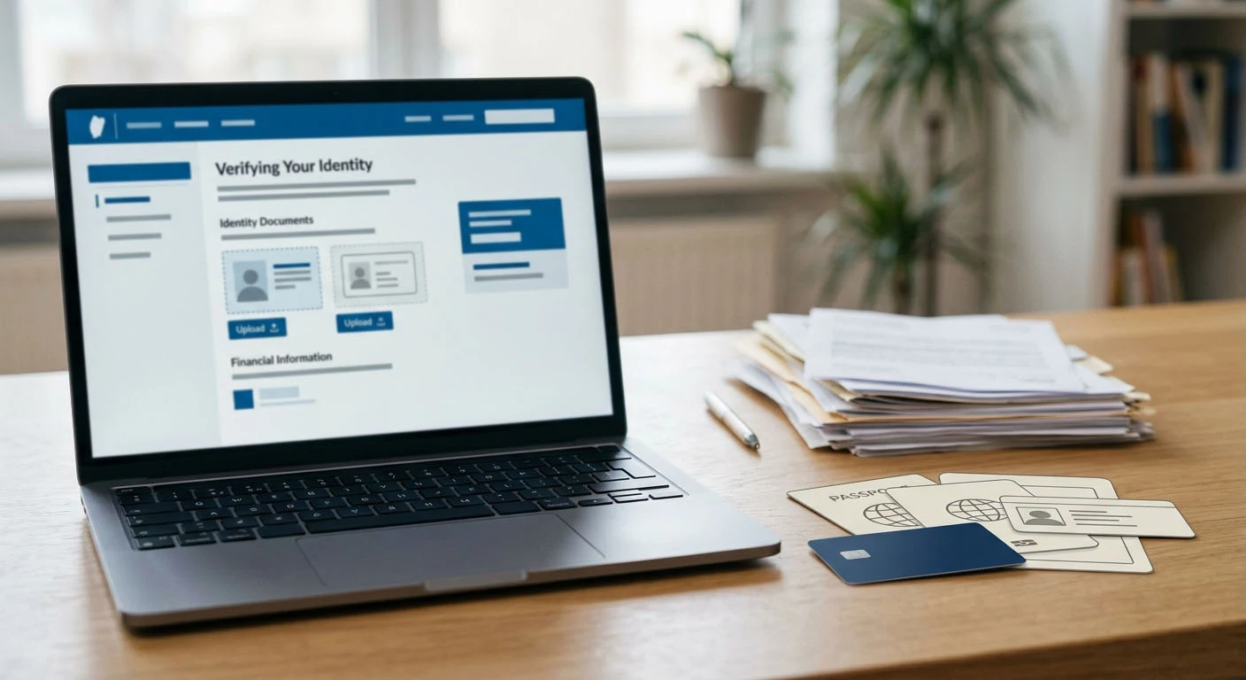 A neutral account-check scene with a laptop, abstract identity document shapes and a bank card on a desk