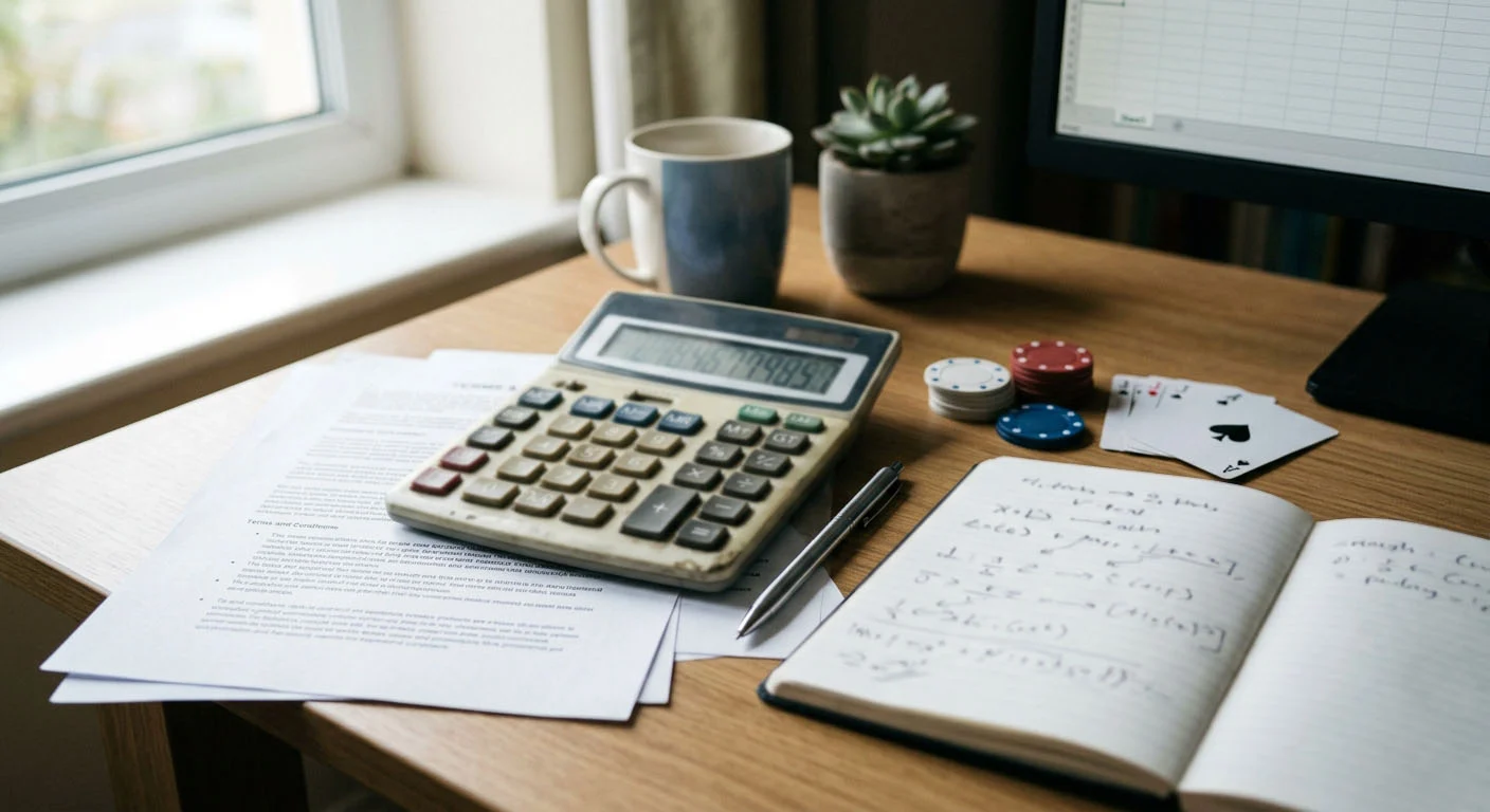 A neutral desk scene with abstract wagering notes, a calculator and simple casino-game symbols