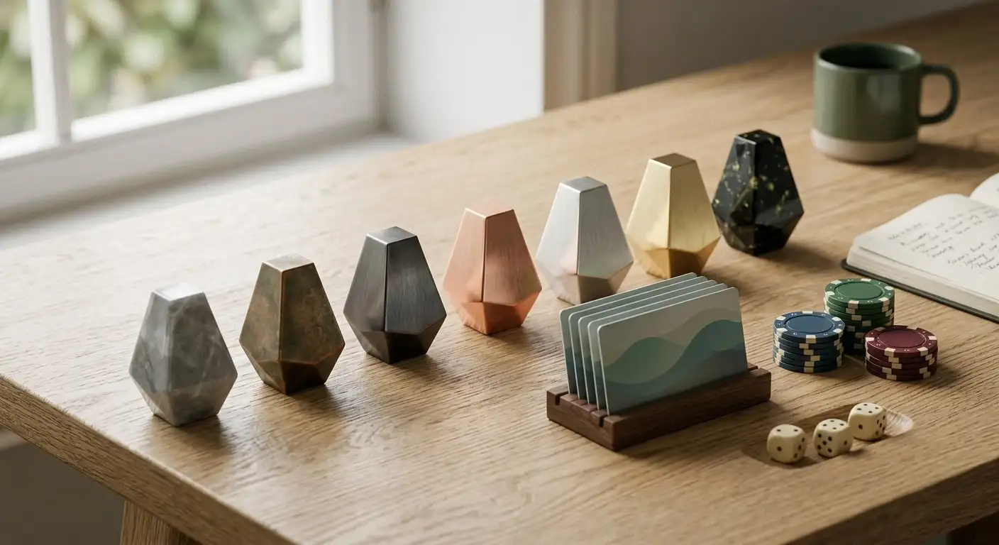Abstract tier markers arranged in an ascending loyalty progression on a neutral desk