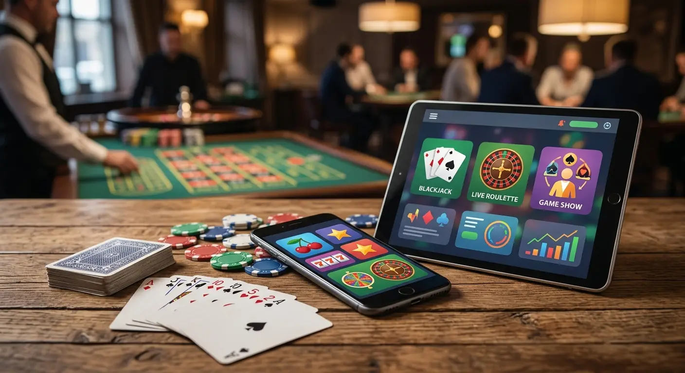 A neutral casino game selection scene with cards, chips and abstract digital game tiles