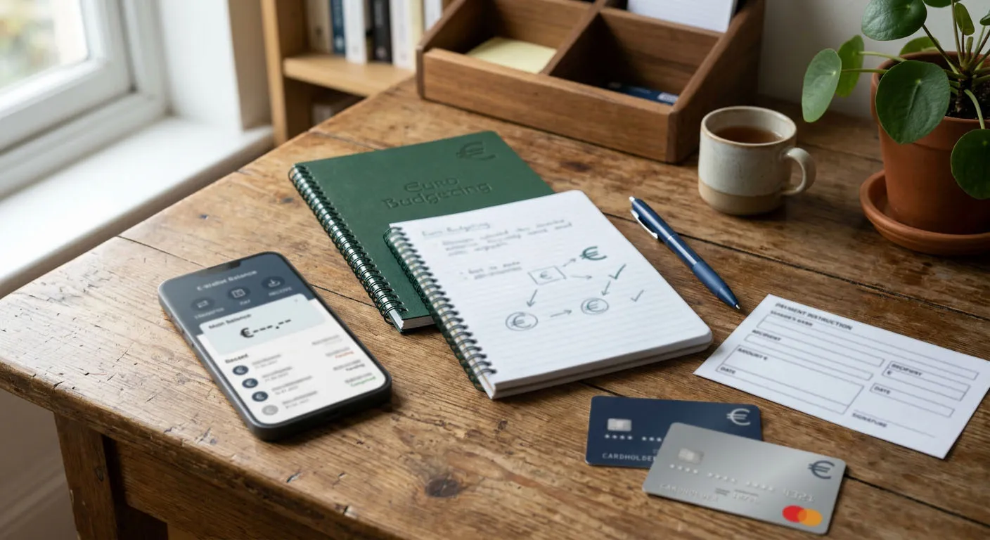Payment cards, bank transfer documents and an e-wallet on a desk
