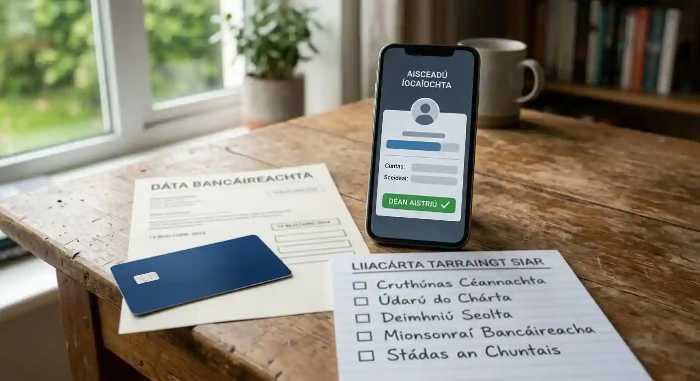 A neutral cashout checklist beside a payment card and bank document